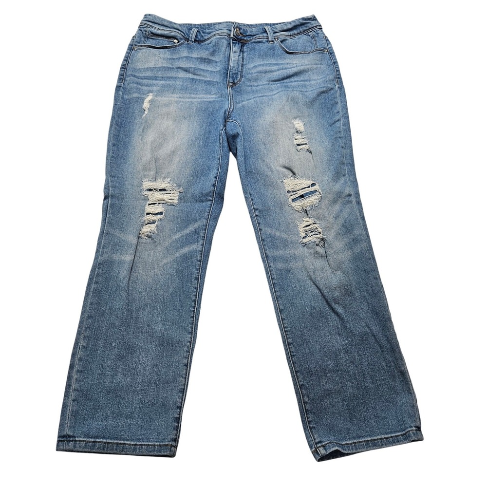 SO Slimming Girlfriend Crop‎ Jeans Chico's Size 2 Distressed Light Wash Denim